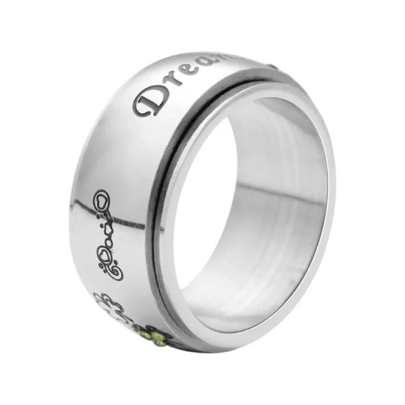 Green Austrian Crystal & Enameled Dreams Engraved Stainless Steel Spinner Ring - Picture 4 of 5